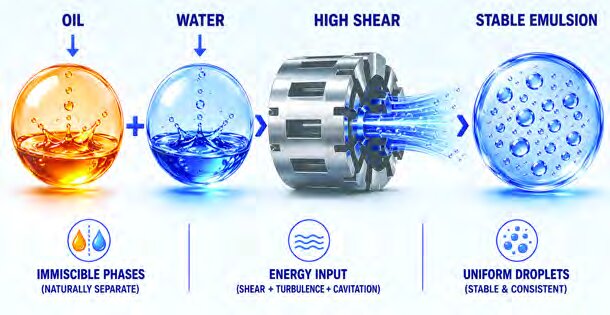 Emulsification process diagram: oil and water forced into a stable emulsion by high shear